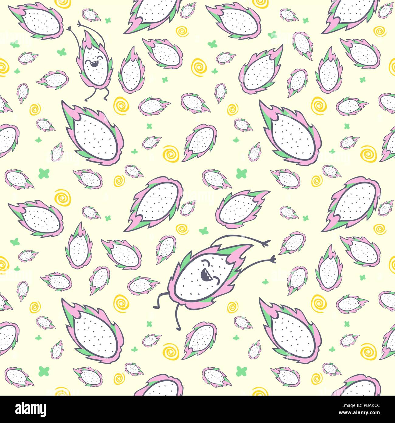 Drachenfrucht nahtlose Muster, Zeichentrickfigur, niedlich Kawaii pitaya, Vector 10 EPS Stock Vektor