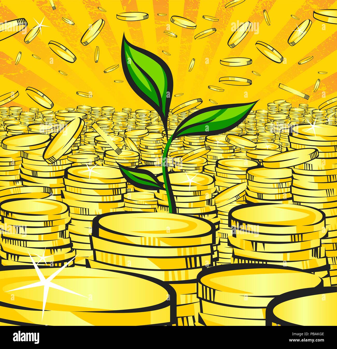 Goldene Geld Stapel mit Grün sprießen von Reichtum Baum, Goldmünzen, retro Vektor Illustration des glänzenden Reichtum, Pop Art Schatz Bild Stock Vektor