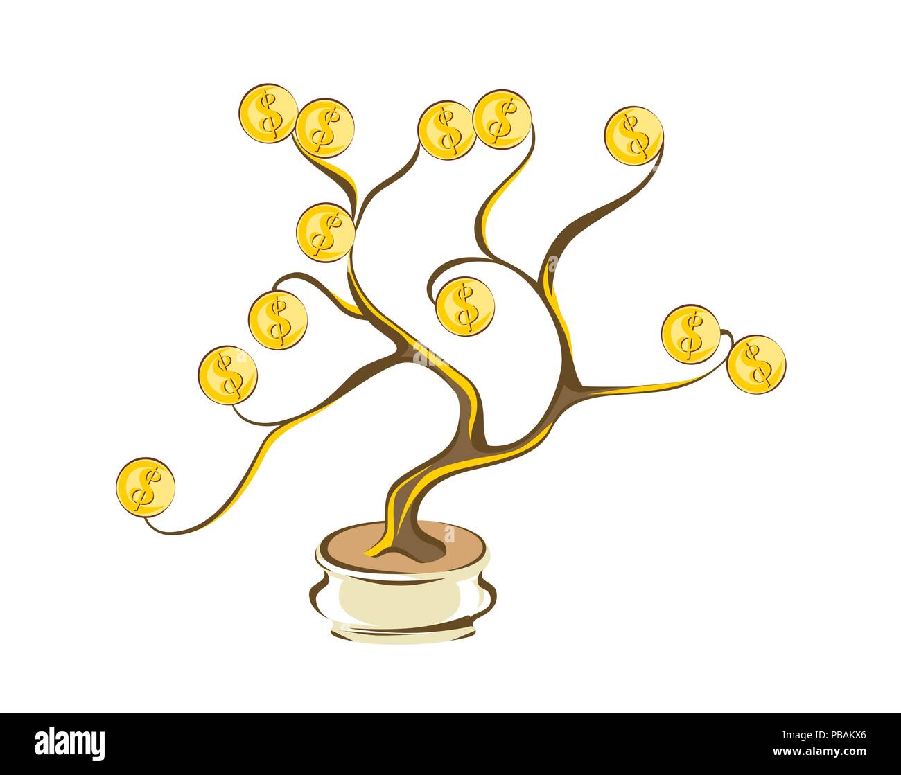 Geld Baum mit goldenen Münzen. Gold Dollar auf Holz Äste. Cartoon Stil, auf weissem Vektor-illustration isoliert Stock Vektor