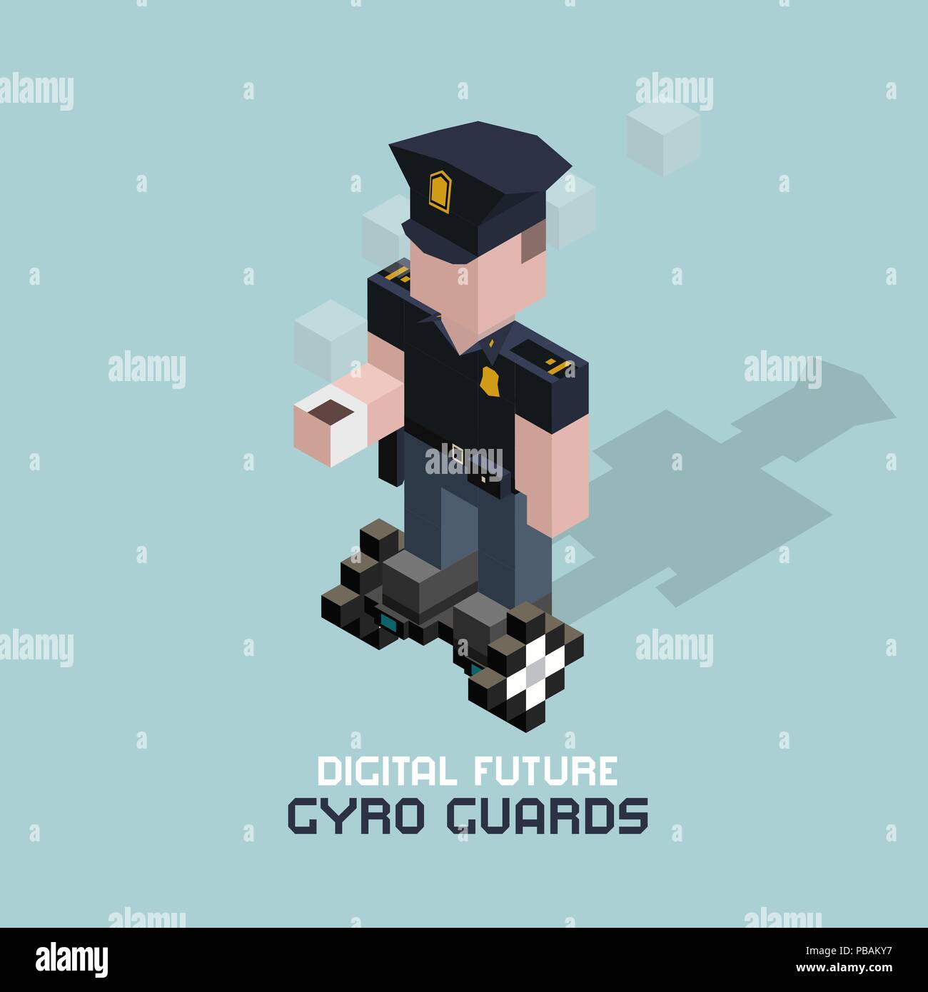Polizist, elektrische gyroscooter. Würfel Zusammensetzung isometrische Vector Illustration der Moderne gerät Gyro scooter. Spindel mit Tasse Kaffee auf Person Stock Vektor