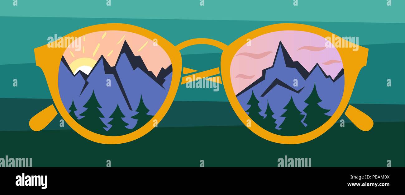 Brille spiegelt sightseengs, Berge, Wald und den Sonnenaufgang. Vektor Objekt für Travel Design Stock Vektor