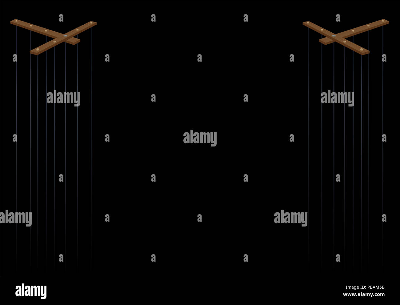 Puppentheater. Zwei hölzerne Marionette Kontrolle Bars mit langen Strings - Abbildung auf schwarzen Hintergrund. Stockfoto