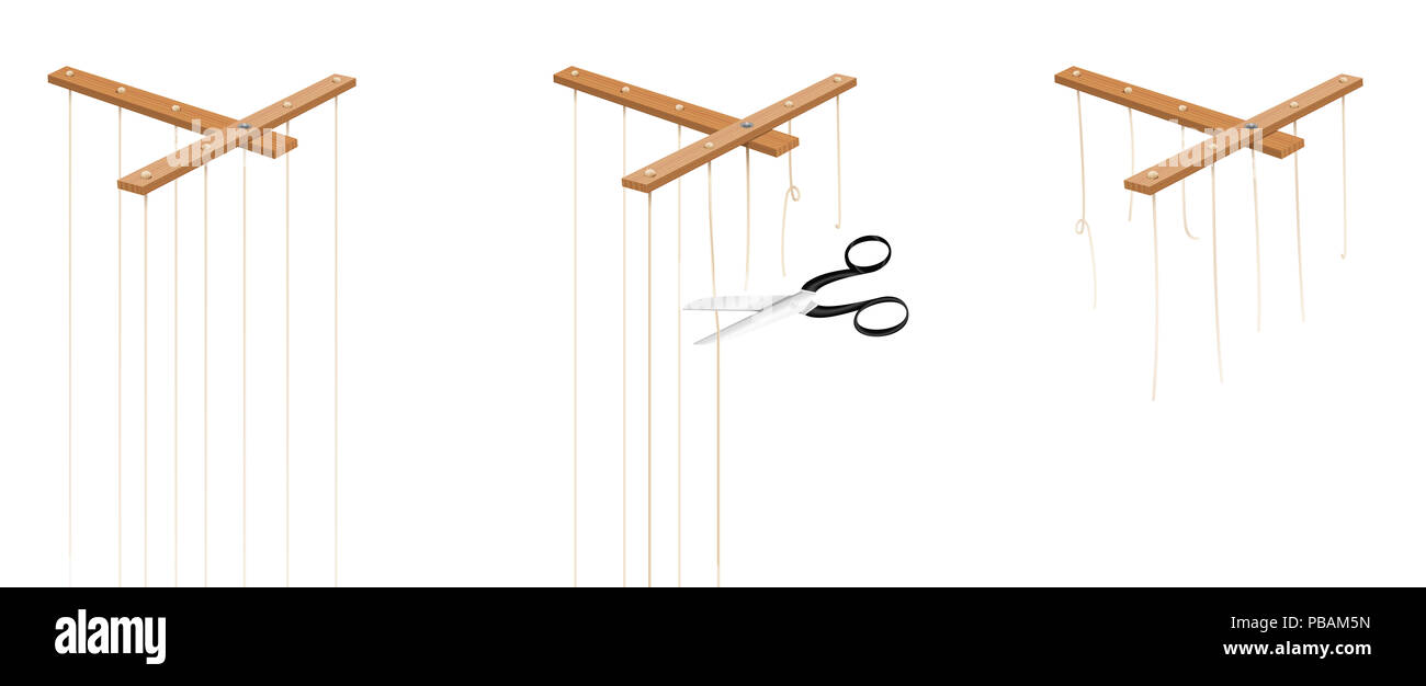 Puppet Strings, die durch Scheren in drei Schritten geschnitten werden. Stockfoto