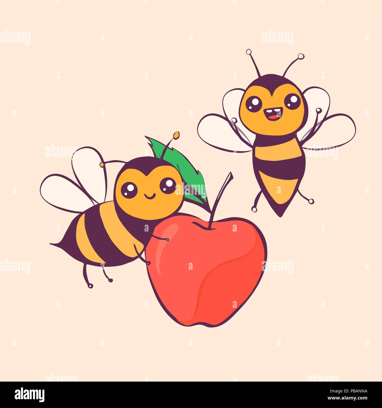 Cute cartoon Bienen tragen ein Apple, Vector Illustration Stock Vektor