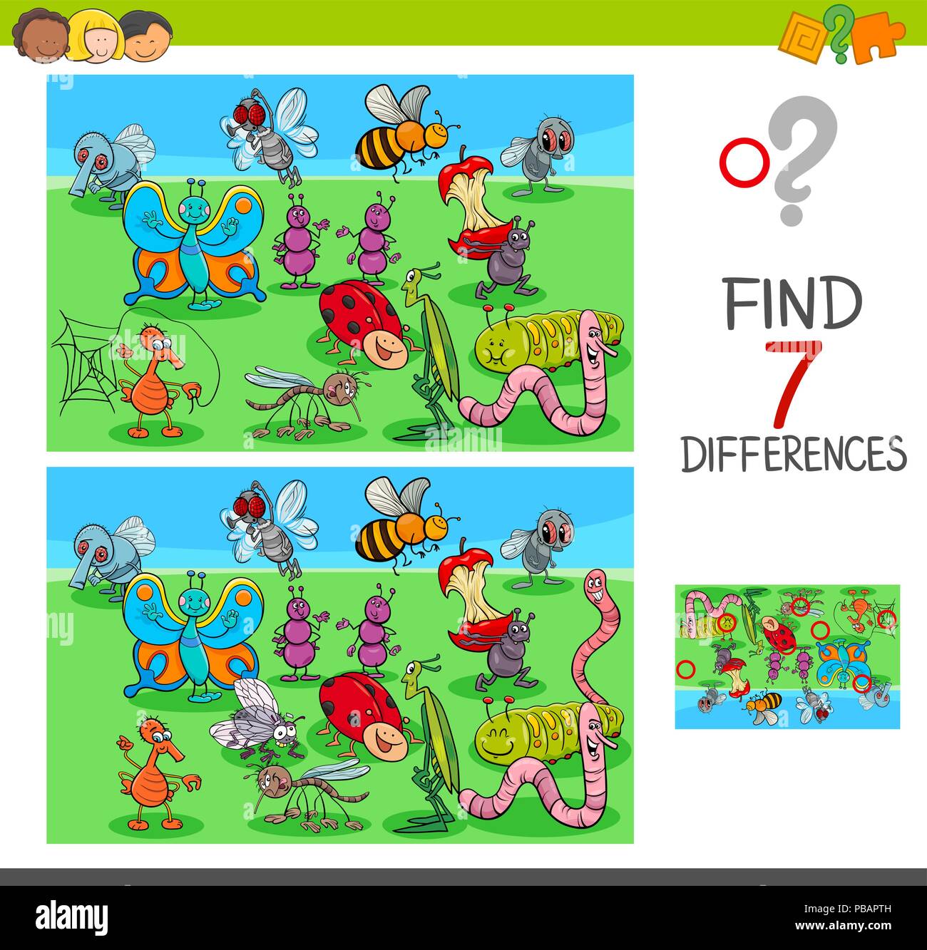 Cartoon Illustration des Findens Sieben Unterschiede zwischen Bilder Lernspiel für Kinder mit Insekten Tier Zeichen Stock Vektor
