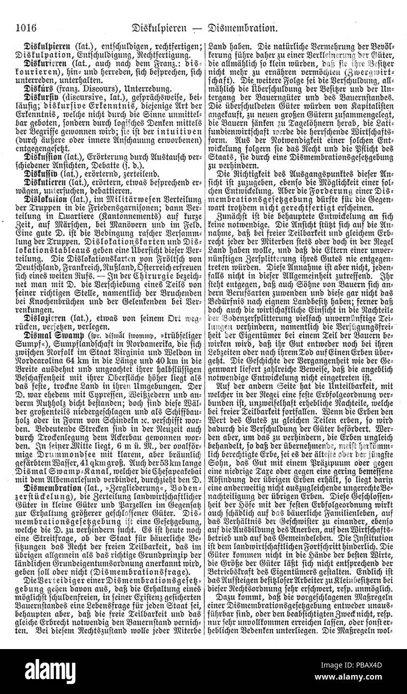 . Englisch: Seite von Meyers Konversations-Lexikon. Von 1885 bis 1890 1038 Meyers b4 s 1016 Stockfoto