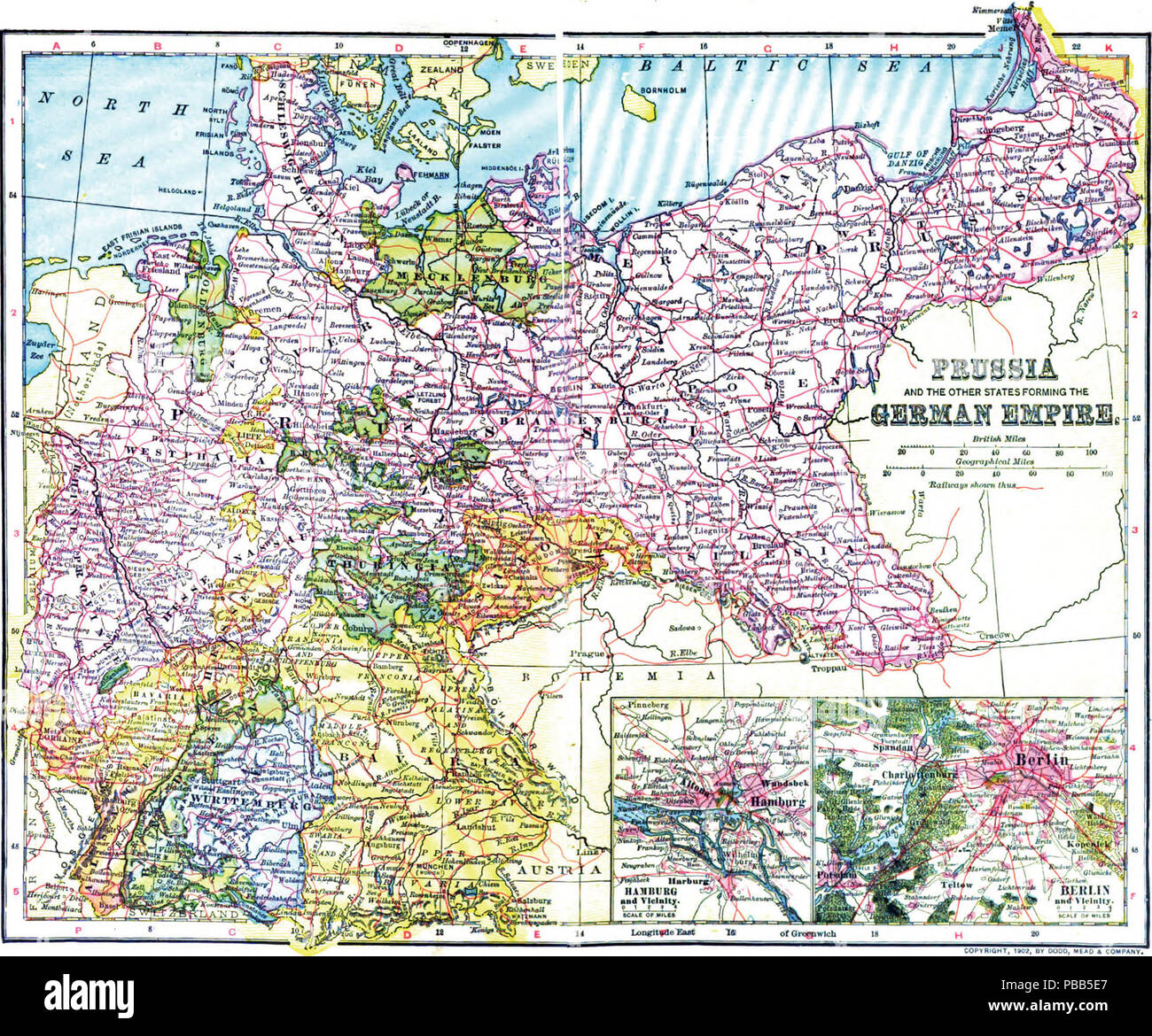 . Englisch: Politische Karte (mit einigen Topographie) des Deutschen Reiches. 1902 1101 NIE 1905 Deutschland Stockfoto