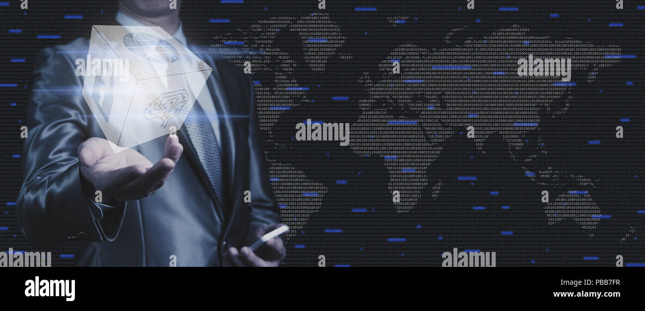 Geschäftsmann mit Block von binären Zahlensystem von AI, Netzwerksicherheit und Globalisierung system Stockfoto