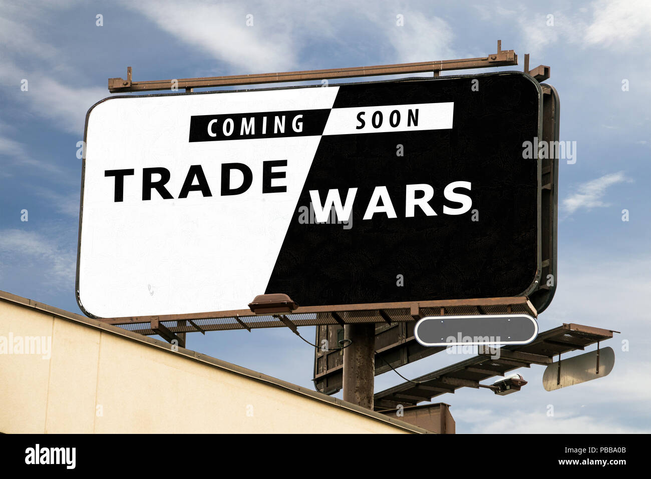 Werbung mit Reklametafeln, Demnächst Handelskriege Stockfoto