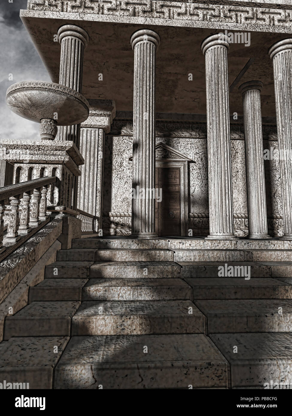 Eingangstür mit einem alten griechischen Tempel. 3D-Render. Stockfoto