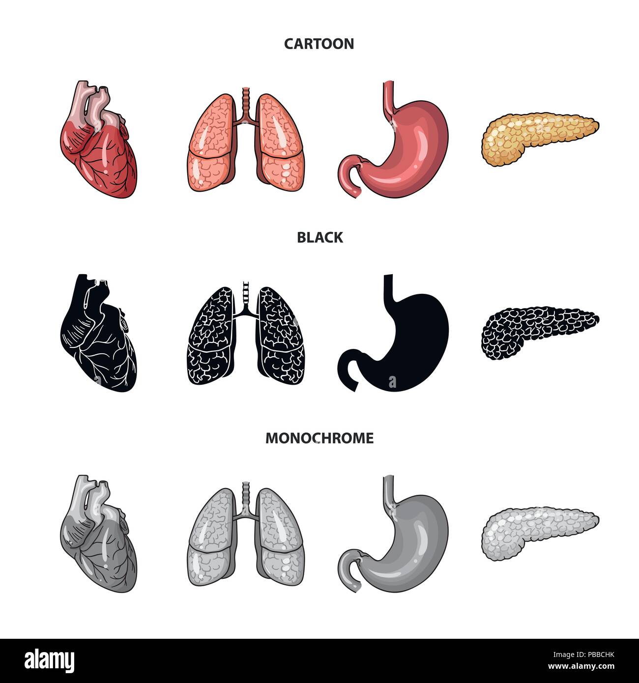 Herz, Lunge, Magen, Bauchspeicheldrüse. Menschliche Organe set Sammlung Icons im Cartoon, schwarz, Schwarzweiß-Stil vektor Symbol lieferbar Abbildung. Stock Vektor