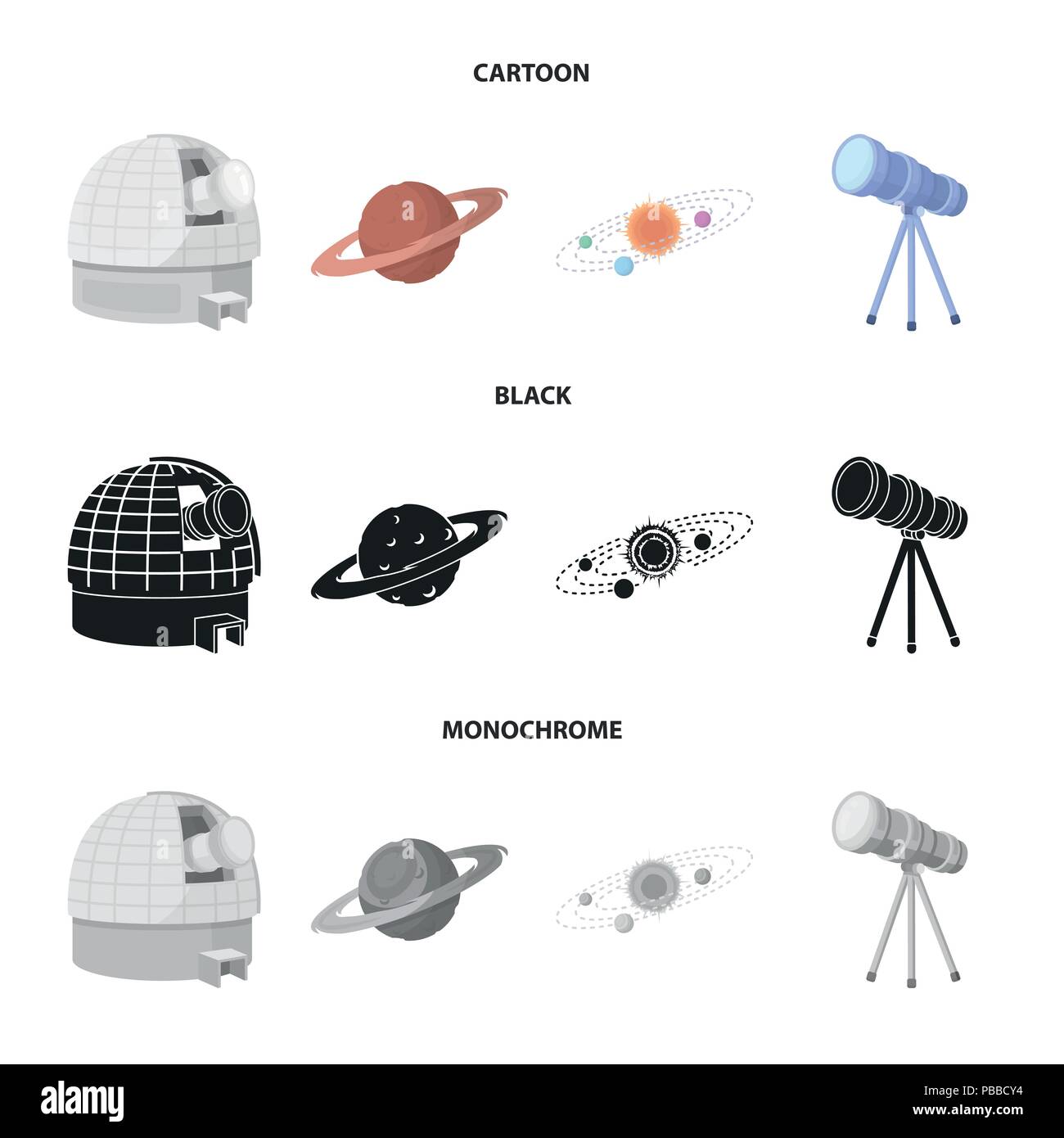 Observatorium mit einem Radioteleskop, Mars, Solaranlage mit Umlaufbahnen von Planeten, Teleskop auf einem Stativ. Raum Sammlung Icons im Cartoon, schwarz, m Stock Vektor Observatorium mit einem Radioteleskop, Mars, Solaranlage mit Umlaufbahnen von Planeten, Teleskop auf einem Stativ. Raum Sammlung Icons im Cartoon, schwarz, m Stock Vektor