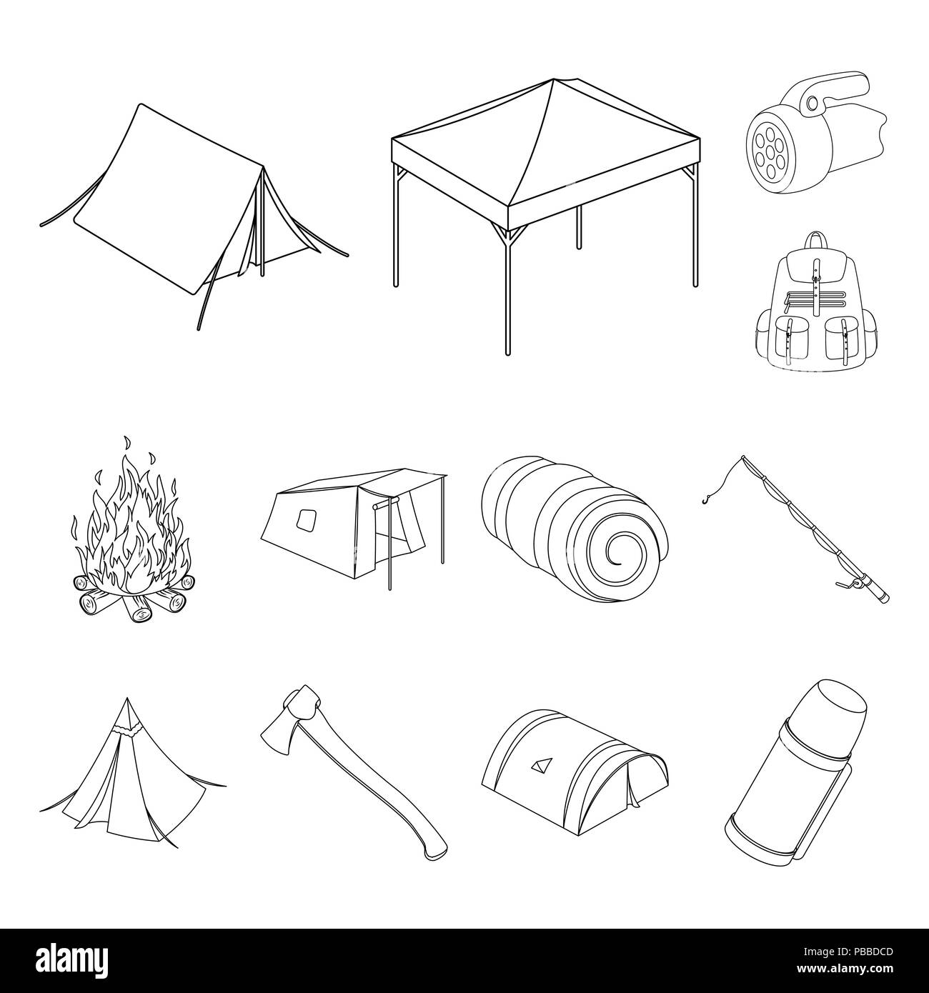 Verschiedene Arten von Zelten Umrisse Symbole im Set Sammlung für Design. Notunterkünfte und Gehäuse vektor Symbol lieferbar Abbildung. Stock Vektor
