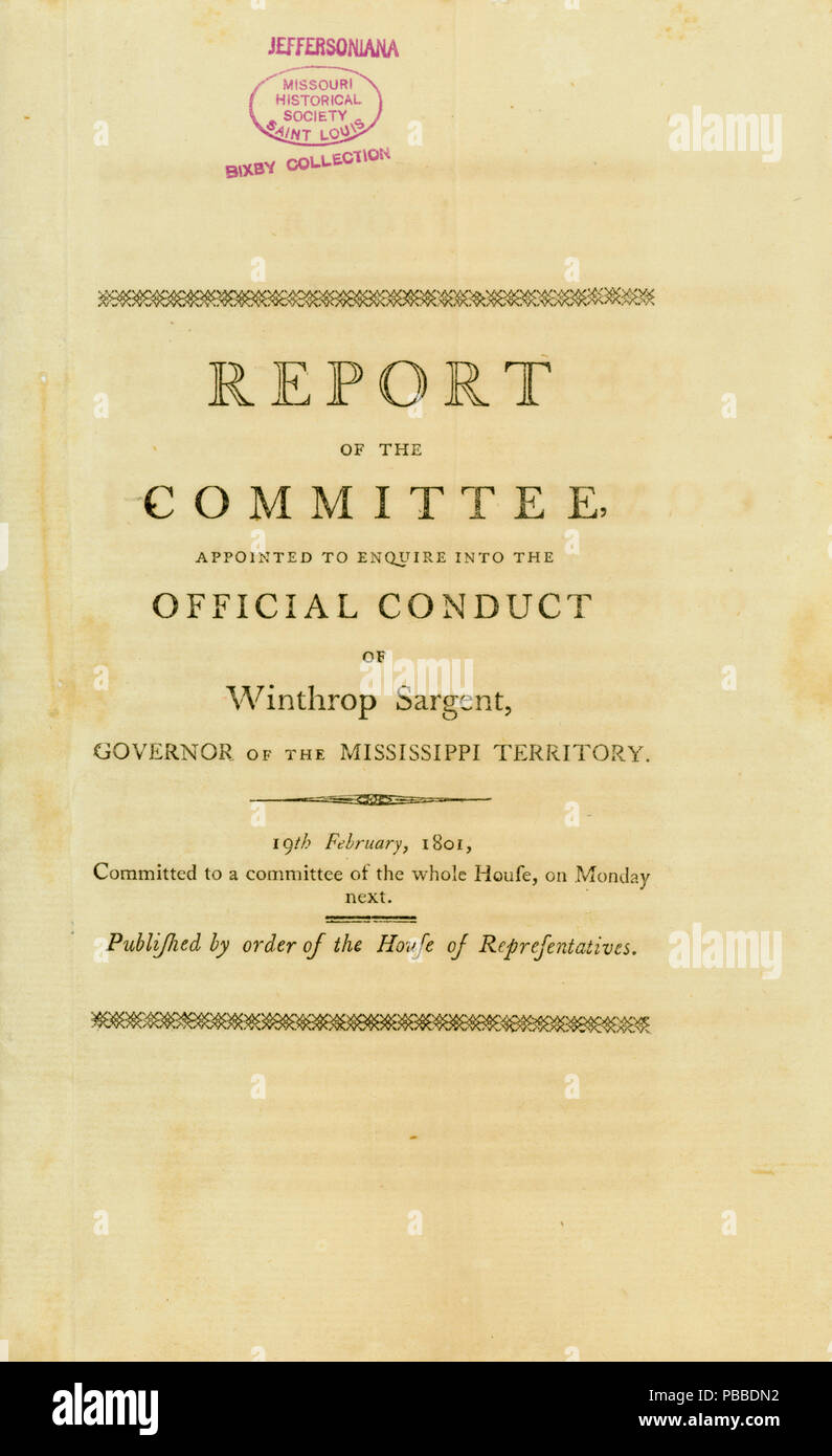 1160 Broschüre mit dem Titel "Bericht des Ausschusses in die offizielle Durchführung von Winthrop Sargent, Gouverneur von Mississippi Territorium', 19. Februar 1801 zu Fragen ernannt Stockfoto