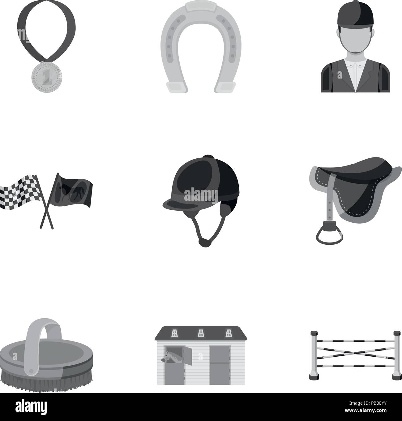 Rennen auf dem Pferd, das Hippodrom. Pferderennen und Ausrüstung Reiter. Hippodrom und Pferd Symbol im Set Sammlung auf Schwarzweiß-Stil vektor Symbol lieferbar Stock Vektor