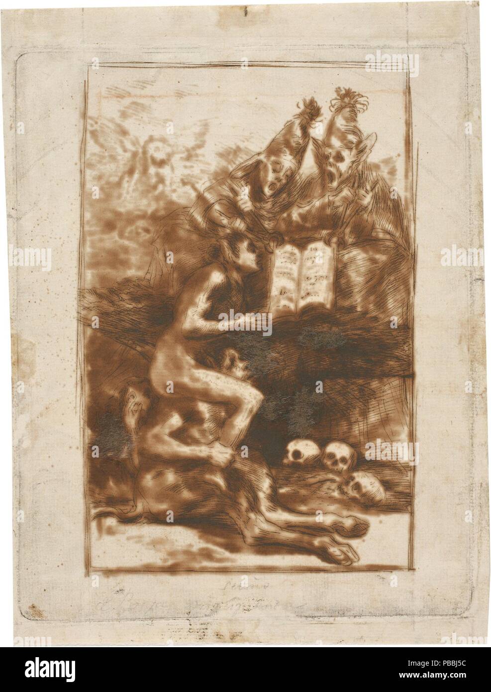 Francisco de Goya y Lucientes/'Dream 3. Traum von einem Anfänger Hexe'. 1797 - 1798. Bleistift, Eisengallustinte Tinte, schwarze Kreide Linien auf dunklem Gelb Bütten. Museum: Museo del Prado, Madrid, España. Stockfoto