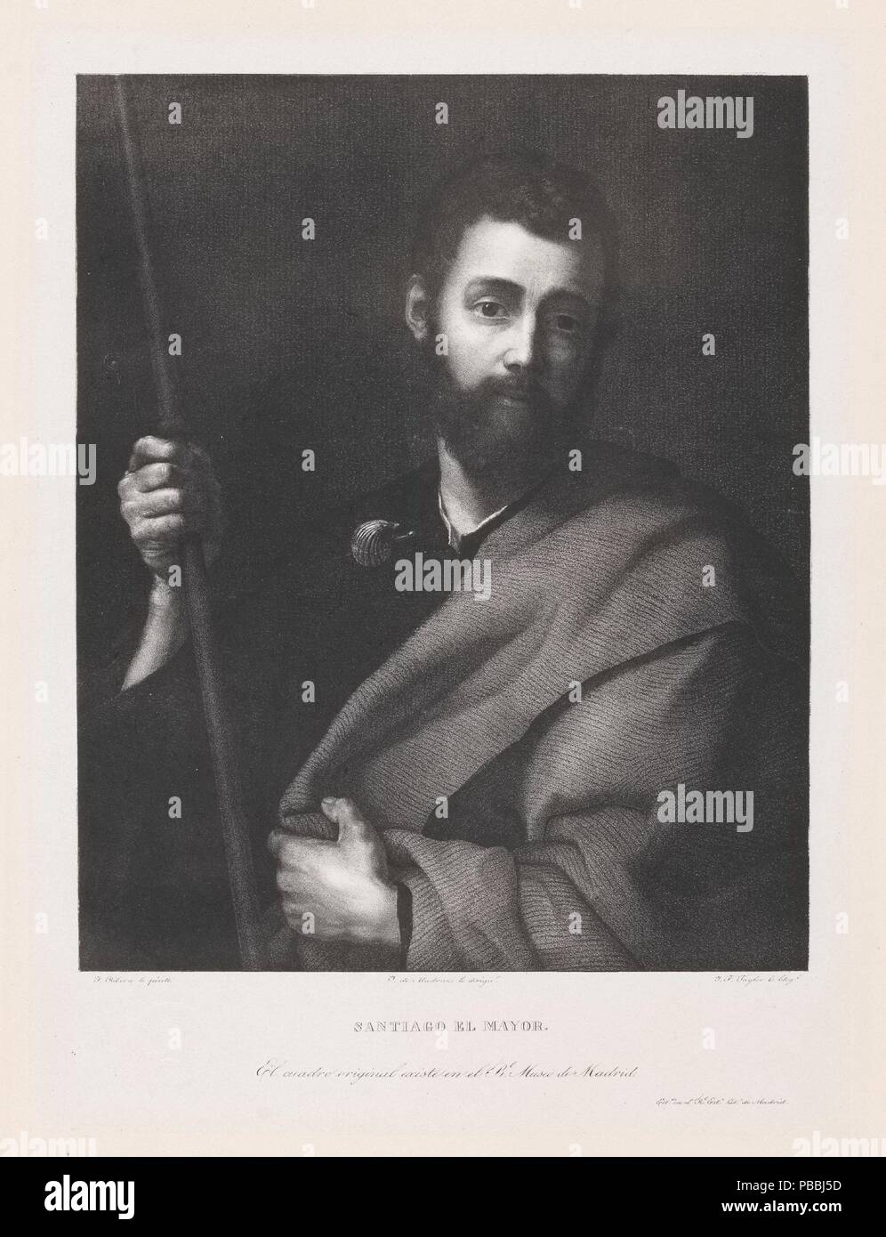 José de Madrazo y Agudo; echte Niederlassung Litográfico de Madrid; Isidore-Justine-Séverin Taylor - lithograph - (zugeschrieben); José de Ribera (Nach)/'Saint Jakobus'. 1826 - 1837. Lithographische Aquatinta, Buntstift, Stift Lithographie Lithographie, Drucken auf japon, Abstreifer auf Webte Papier. Museum: Museo del Prado, Madrid, España. Stockfoto