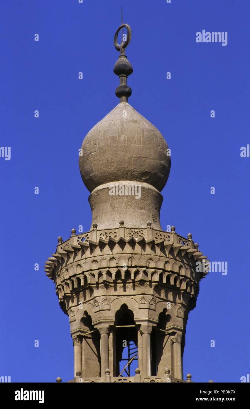 Sultan Hassan Moschee des 14. Jahrhunderts, Detail der Minarett, Kairo, Ägypten, Afrika. Stockfoto