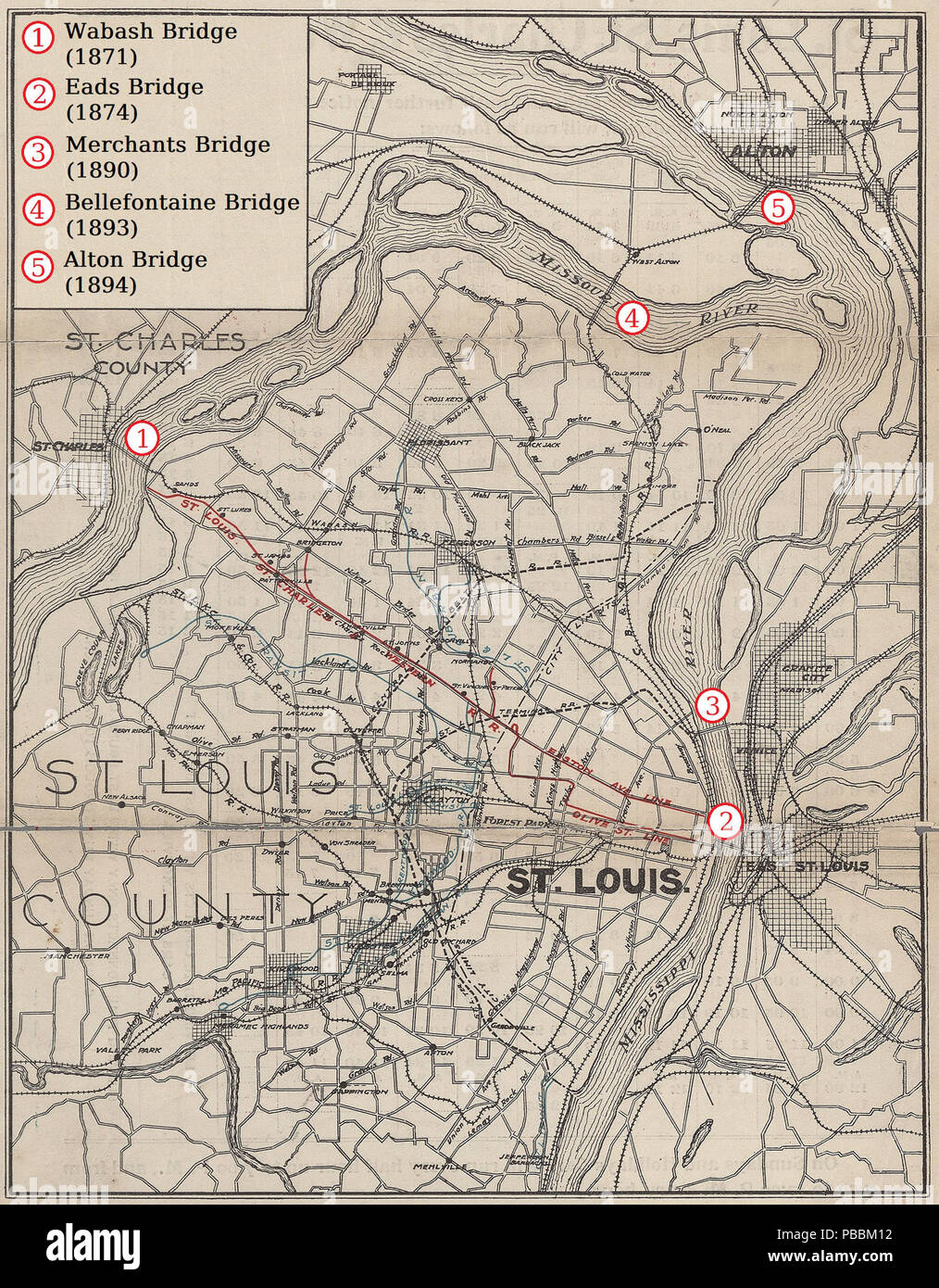 . Englisch: Eisenbahnbrücken in St. Louis und Umgebung 1910, von einer Rampe Karte der St. Louis, St. Charles & Western Railroad angenommen. Original von 1910 1242 Eisenbahnbrücken in St. Louis und Umgebung 1910 Stockfoto