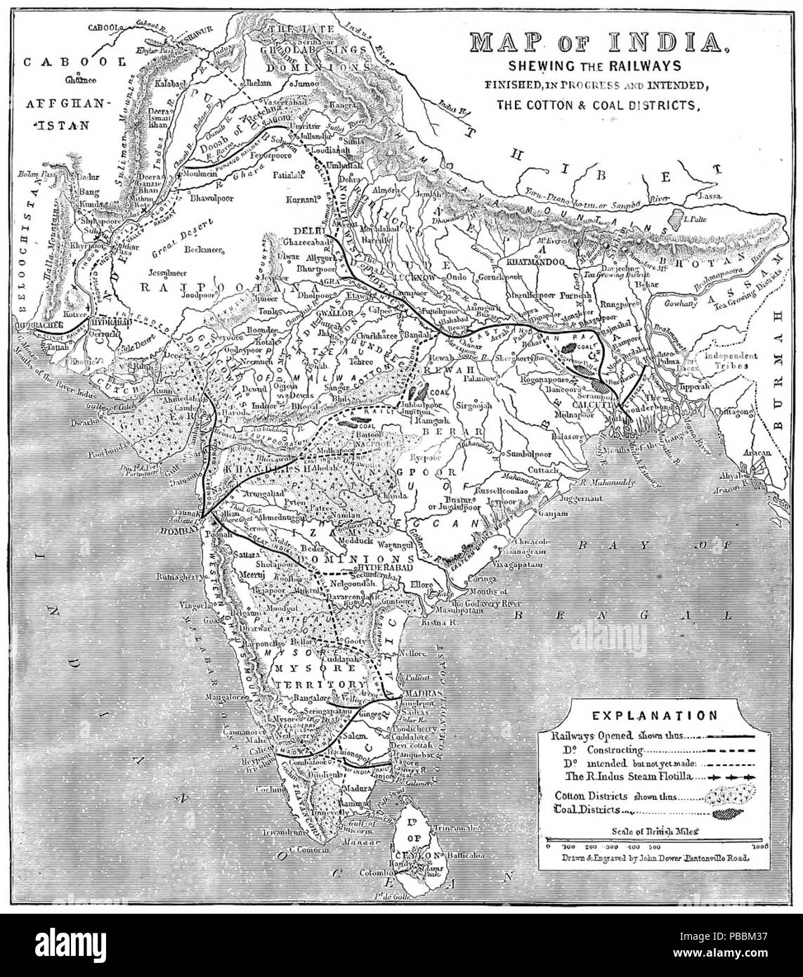 1243 Eisenbahn Karte Indien ILN 1865 Stockfoto