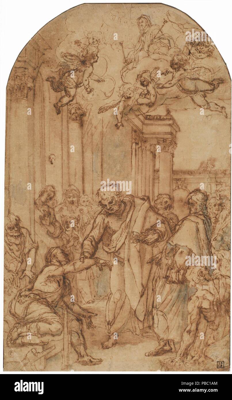 Von Ludovico Cardi/aint Peter Heilung des Lahmen". Ca. 1606. Waschen, Bleistift, Bleistift, grau-braune Tusche auf dunklem Gelb Papier. Museum: Museo del Prado, Madrid, España. Stockfoto