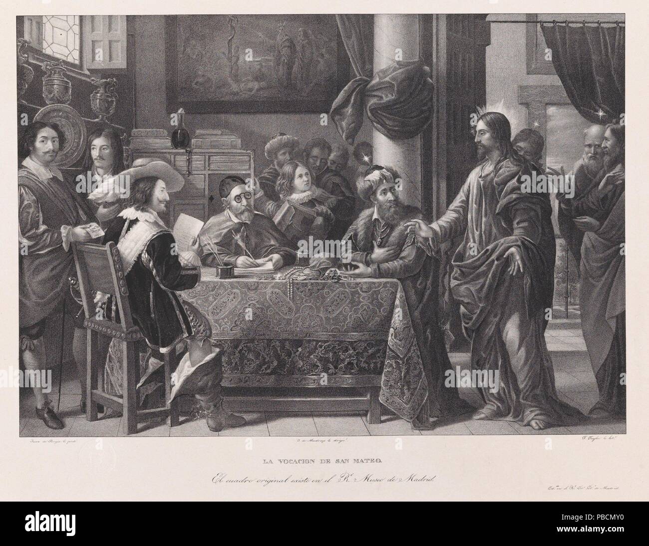 José de Madrazo y Agudo; echte Niederlassung Litográfico de Madrid, Juan de Pareja; Isidore-Justine-Séverin Taylor - lithograph - (zugeschrieben), Juan de Pareja (Nach) / "Die Berufung des heiligen Matthäus'. 1832 - 1837. Lithographische Aquatinta, Buntstift, Stift Lithographie Lithographie, Drucken auf japon, Abstreifer auf Webte Papier. Museum: Museo del Prado, Madrid, España. Stockfoto