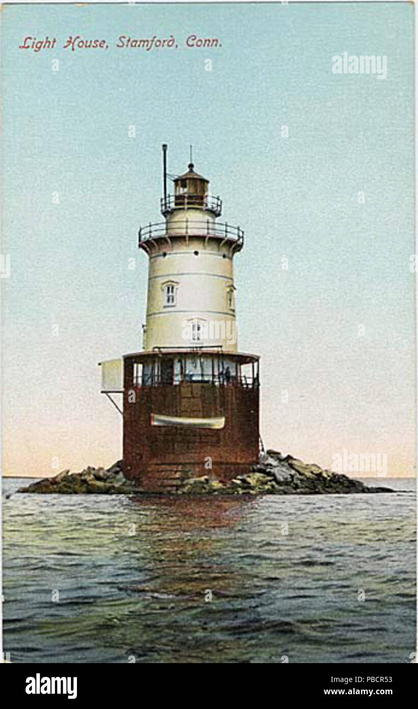 . Englisch: Postkarte: Stamford Hafen Ledge Licht, Postkarte vom 1912' Postkarte Zeit: Unterteilt zurück Ära, 1907 - 1914' Postkarte Datum: Juni 23, 1912 (obwohl die Rückseite der Postkarte, die auf der Webseite Link unten gesehen, eine Botschaft hat, gibt es keine poststempel oder Stempel oder Anschrift; wahrscheinlich nicht durch die e-mail geschickt). ca. 1912 1222 1912 PostcardStamfordCTLighthouse Stockfoto