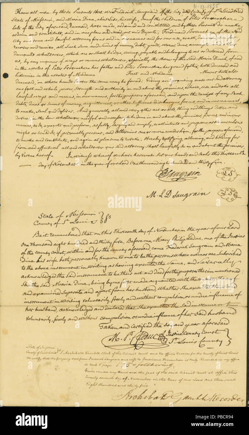 1223 Vollmacht von Frederick Saugrain und Maria Dina Saugrain Ferdinand Provenchere, 13. November 1835 gewährt Stockfoto