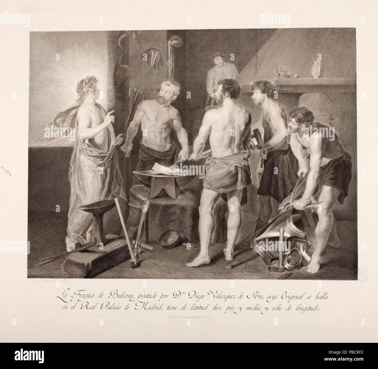 Calcografía Nacional; Francisco Alcantara; E.J. Glairon-Mondet - graveur - (nach Diego Rodríguez de Silva y Velázquez)/' Vulcan's Forge'. 1798. Taille douce: Radierung und Gravur auf Endlospapier; 1798. Taille douce: Radierung und Gravur auf Endlospapier. Museum: Museo del Prado, Madrid, España. Stockfoto