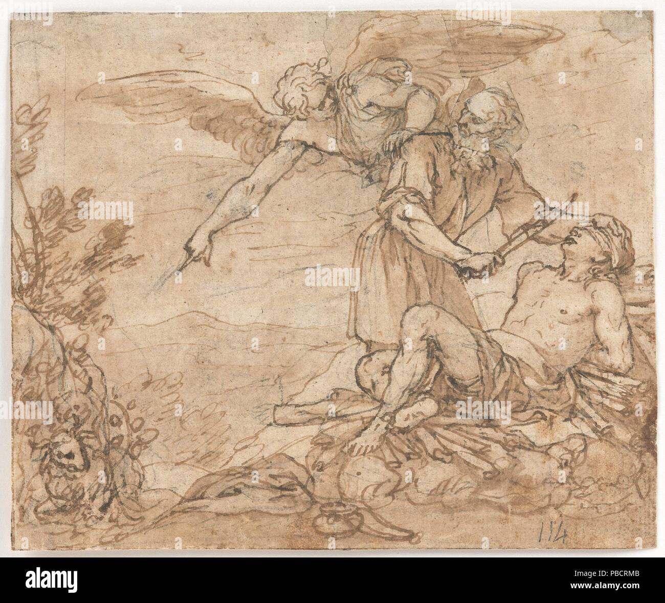 Alonso Cano/' Die Opferung Isaaks". 1650 - 1652. Waschen, Bleistift, Bleistift, grau-braune Farbe auf gelbem Papier. Museum: Museo del Prado, Madrid, España. Stockfoto