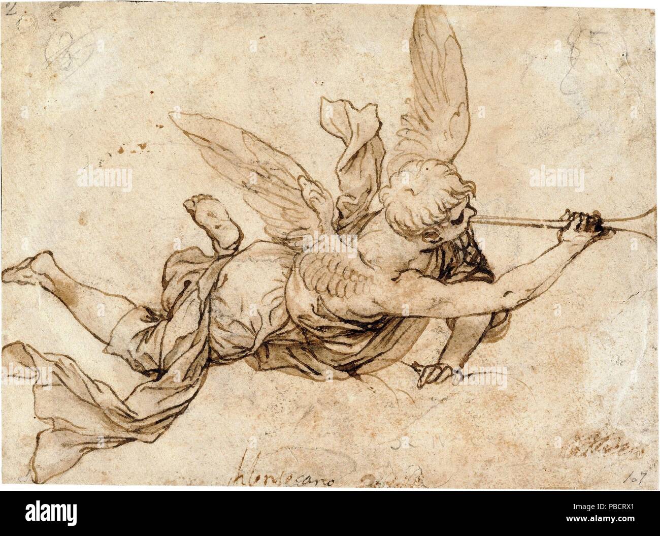 Alonso Cano/' Engel mit der Posaune des Jüngsten Gerichts". 1660 - 1667. Waschen gelb, Bleistift auf Bütten. Museum: Museo del Prado, Madrid, España. Stockfoto