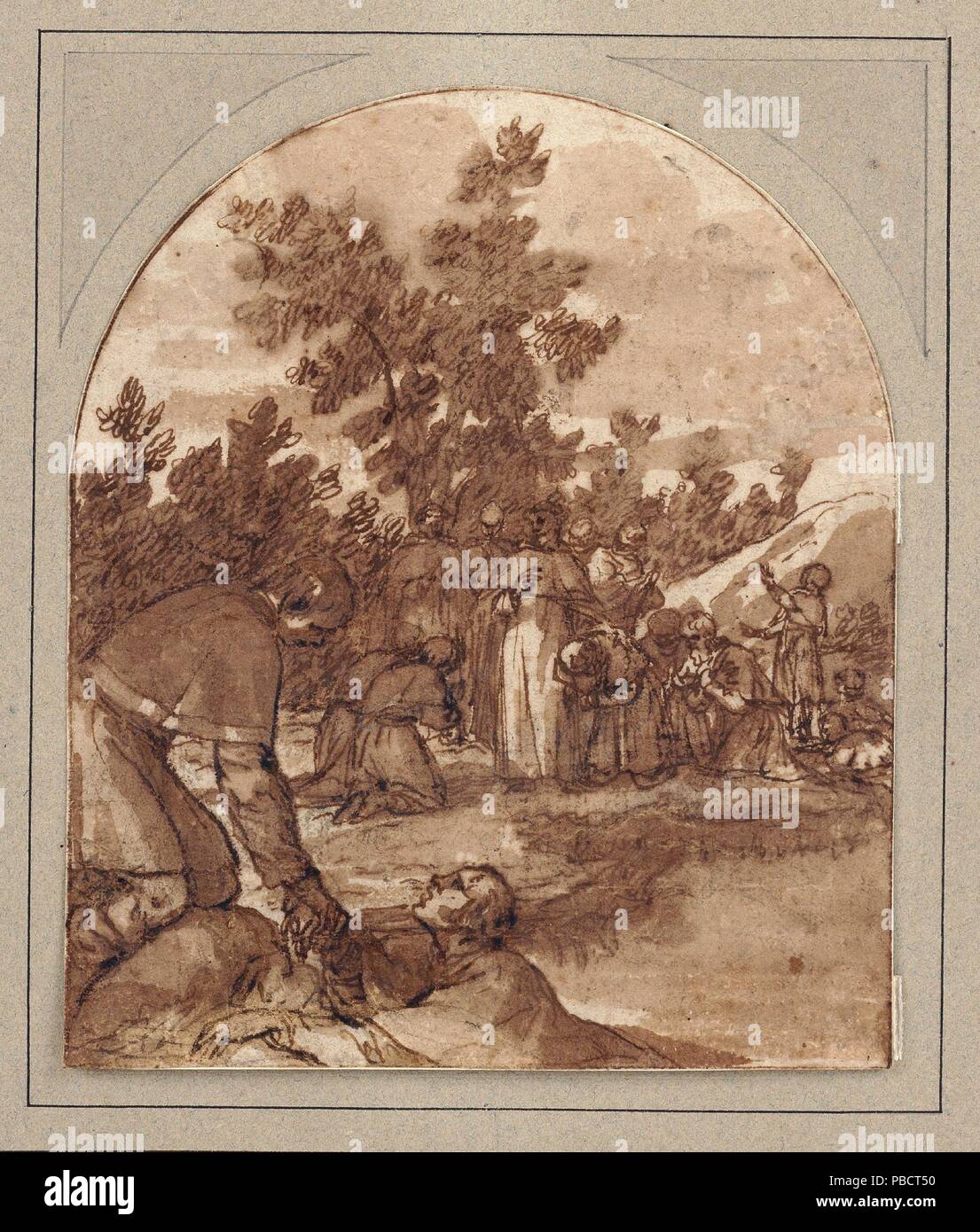 Alonso Cano/'Saint Dominic Tröstlich der Pilger. Ca. 1665. Waschen, Bleistift, grau-braune Tusche auf Papier. Museum: Museo del Prado, Madrid, España. Stockfoto