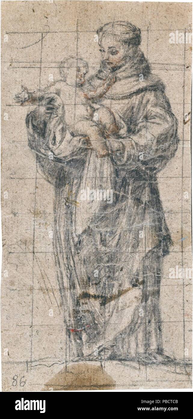 Alonso Cano/'Saint Antonius von Padua'. XVII Jahrhundert. Schwarze Kreide, Rote Kreide auf gelbem Papier. Museum: Museo del Prado, Madrid, España. Stockfoto