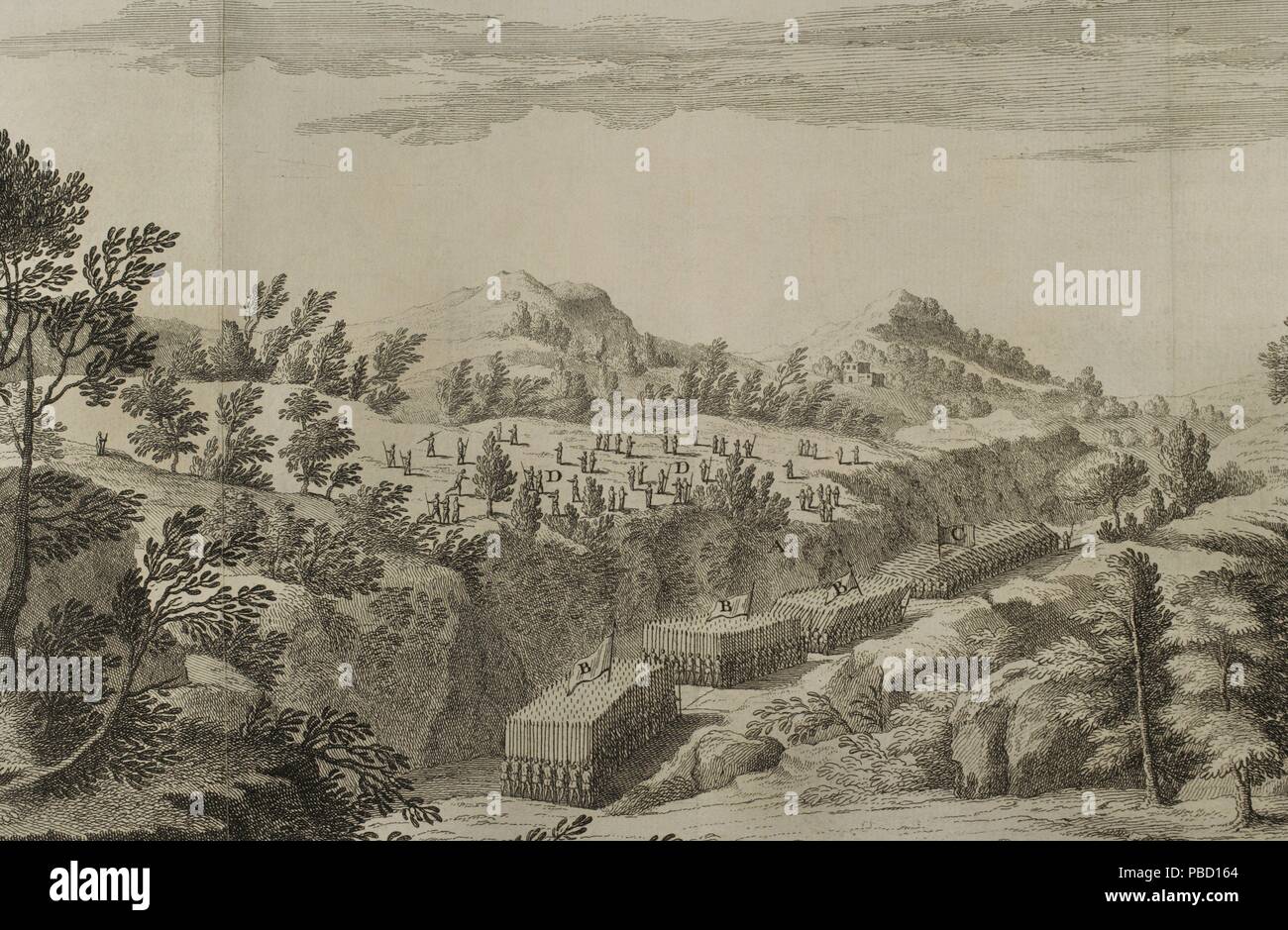 Historia de Polibio. Tomo VI. Francesa Edición del Griego traducida por Dom Vincent Thuillier. Comentarios o textos de Ciencia militar enriquecidos con Notas críticas e históricas por M. de Folard. París, Chez Pierre Gandouin, Julien-Michel Gandouin, Pierre-François Giffart y Nicolas-Pierre Armand, 1730. Tomo VI. Incursión de Antioco III El Grande, Rey del imperio Seléucida de 223-187 AC, Contra el rey parto Arsares II (211-191 AC). Combate de los desfiladeros del Monte la Bute, Partia. A - Desfile de tropas en el Monte La Bute. B Columna de la Infanteria de Antioco. D-Infanteria ligera de António Stockfoto
