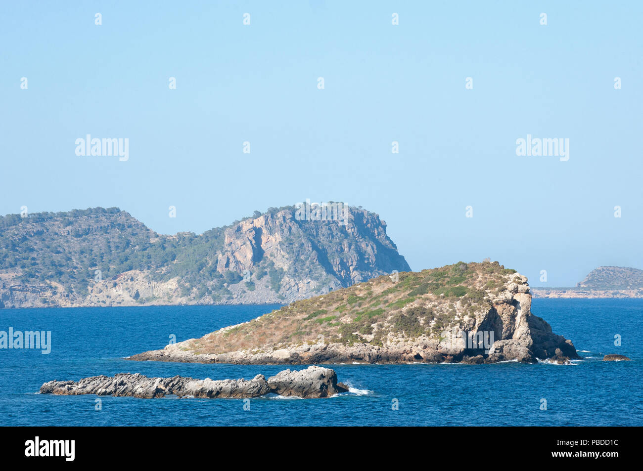 Nordostküste der Insel Ibiza, Balearen, Mittelmeer, Spanien, Europa Stockfoto