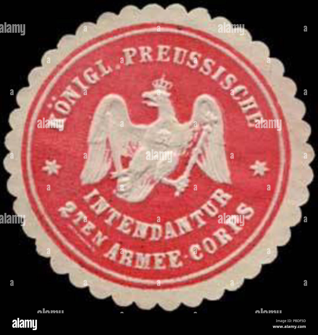 1426 Siegelmarke K.Pr. Intendantur 2 10 Armee-Corps W 0240061 Stockfoto