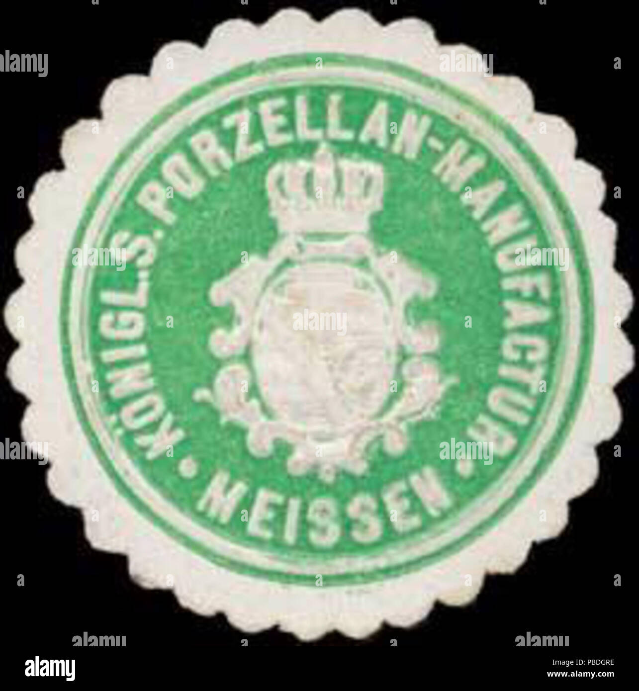 Alte Briefverschlussmarke aus Papier, welche seit ca. 1850 von Behoerden, Anwaelten, Notaren und Firmen zum Verschliessen der Post verwendet wurde. 1449 Siegelmarke Königl. S. Porzellan-Manufactur Meissen KPM W 0331482 Stockfoto
