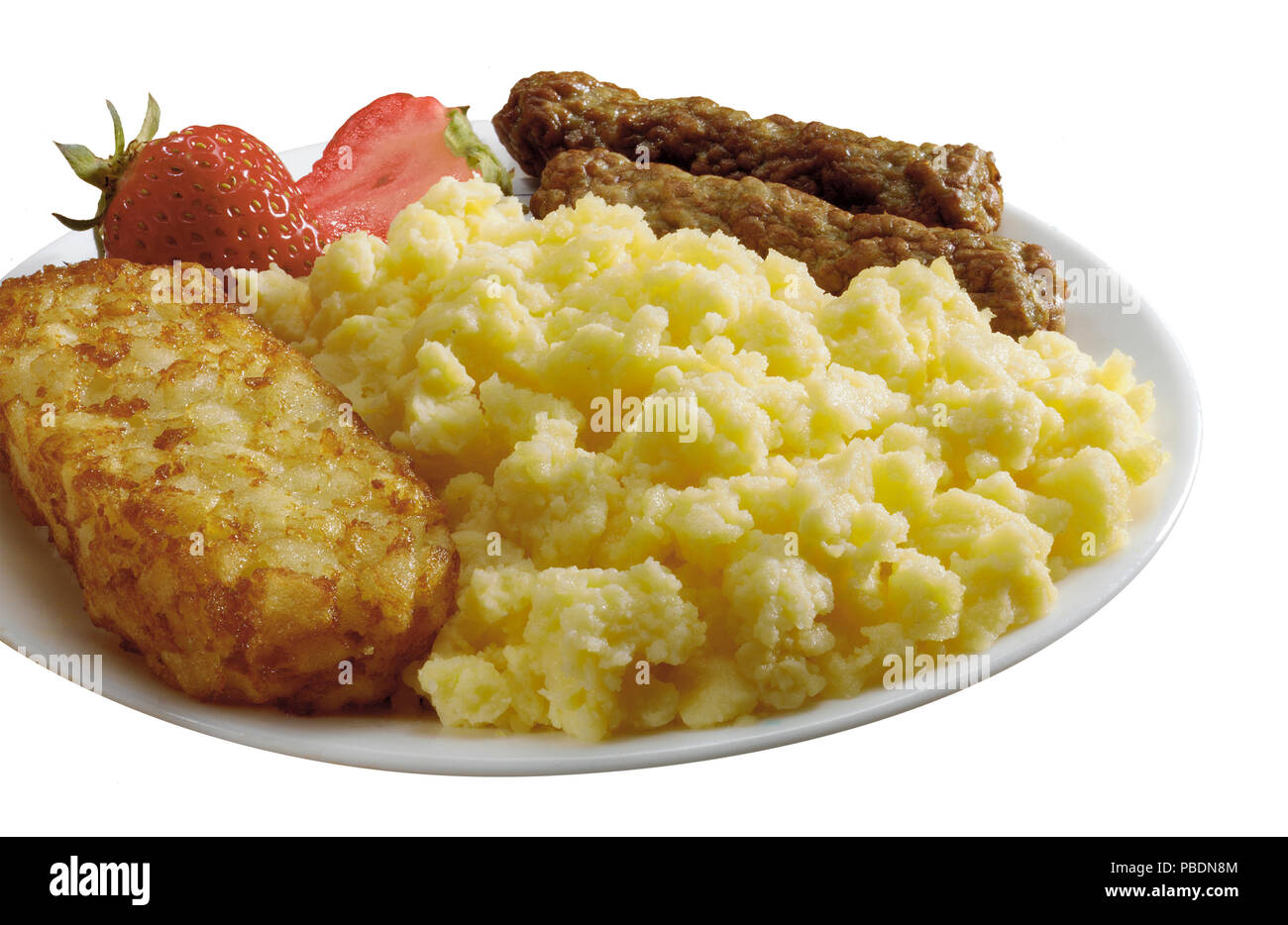 Rühreier Rösti wurst Erdbeeren Stockfoto