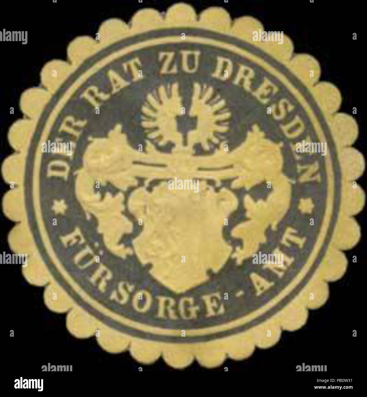 Alte Briefverschlussmarke aus Papier, welche seit ca. 1850 von Behoerden, Anwaelten, Notaren und Firmen zum Verschliessen der Post verwendet wurde. 1342 Siegelmarke der Ratte zu Dresden Fürsorge-Amt W 0358516 Stockfoto