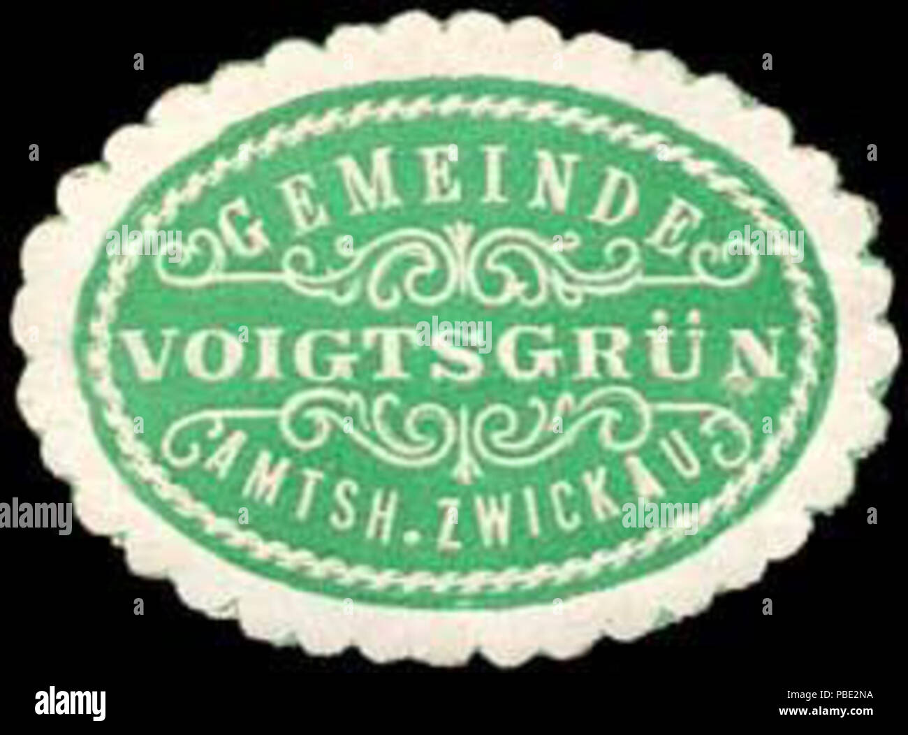 Alte Briefverschlussmarke aus Papier, welche seit ca. 1850 von Behoerden, Anwaelten, Notaren und Firmen zum Verschliessen der Post verwendet wurde. 1377 Siegelmarke Gemeinde Voigtsgrün - amtshauptmannschaft Zwickau W 0252898 Stockfoto