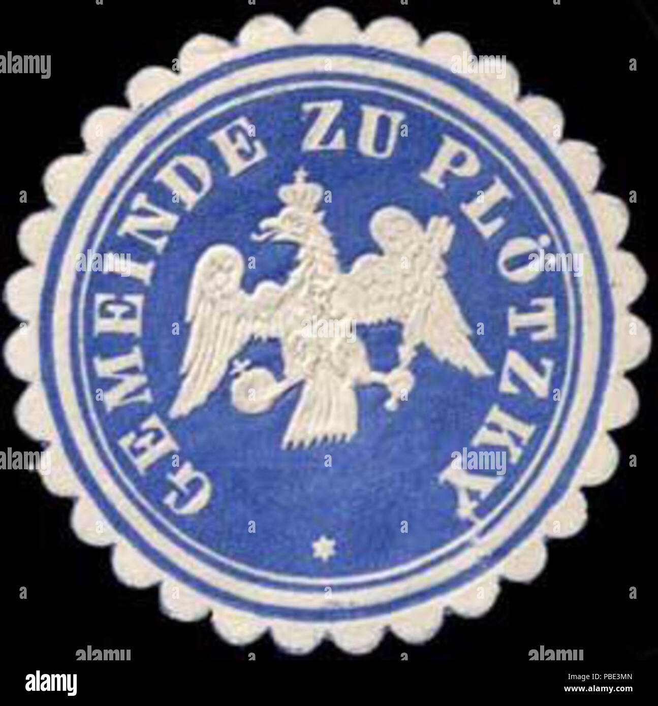 Alte Briefverschlussmarke aus Papier, welche seit ca. 1850 von Behoerden, Anwaelten, Notaren und Firmen zum Verschliessen der Post verwendet wurde. 1381 Siegelmarke Gemeinde zu Plötzky W 0310524 Stockfoto