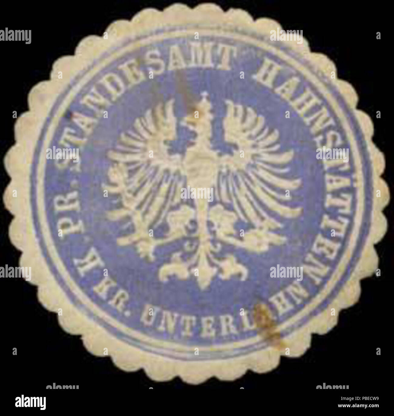 Alte Briefverschlussmarke aus Papier, welche seit ca. 1850 von Behoerden, Anwaelten, Notaren und Firmen zum Verschliessen der Post verwendet wurde. 1430 Siegelmarke K.Pr. Standesamt Hahnstätten Kreis Unterlahn W 0345948 Stockfoto