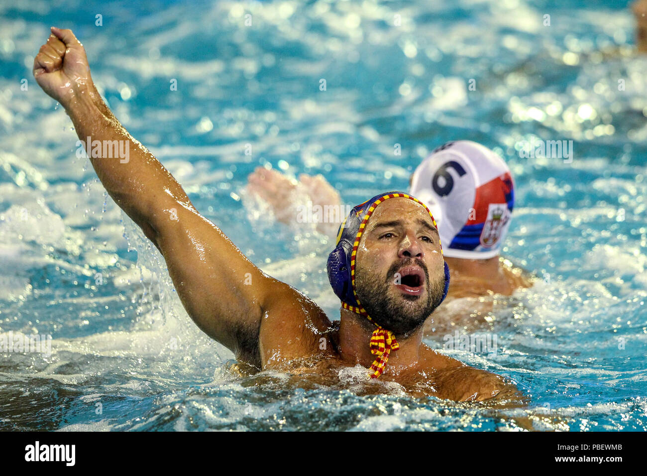 Bernat Picornell Pools, Barcelona, Spanien. 28. Juli 2018. 33. Europäischen Mens Wasserball Europameisterschaft, Finale, Spanien gegen Serbien; Felipe Perrone (ESP) feiert ein Ziel Credit: Aktion plus Sport/Alamy leben Nachrichten Stockfoto