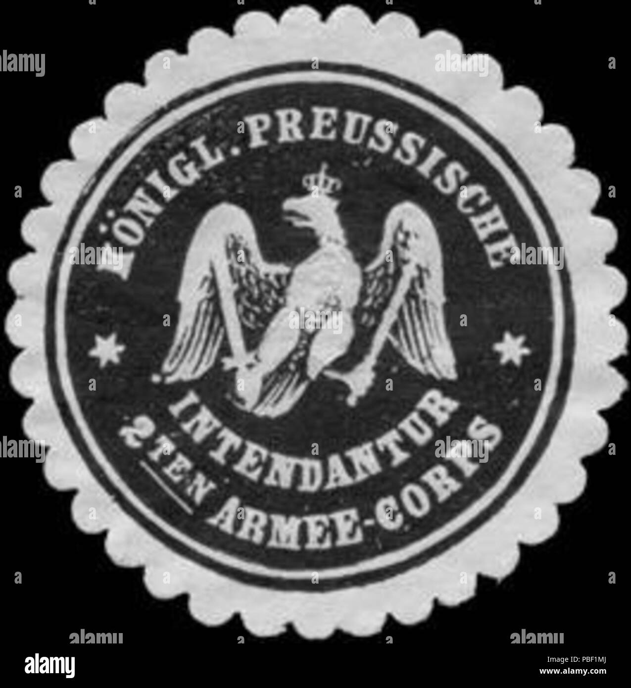 Alte Briefverschlussmarke aus Papier, welche seit ca. 1850 von Behoerden, Anwaelten, Notaren und Firmen zum Verschliessen der Post verwendet wurde. 1453 Siegelmarke Königlich Preussische Intendantur 2 10 Armee-Corps W 0215375 Stockfoto