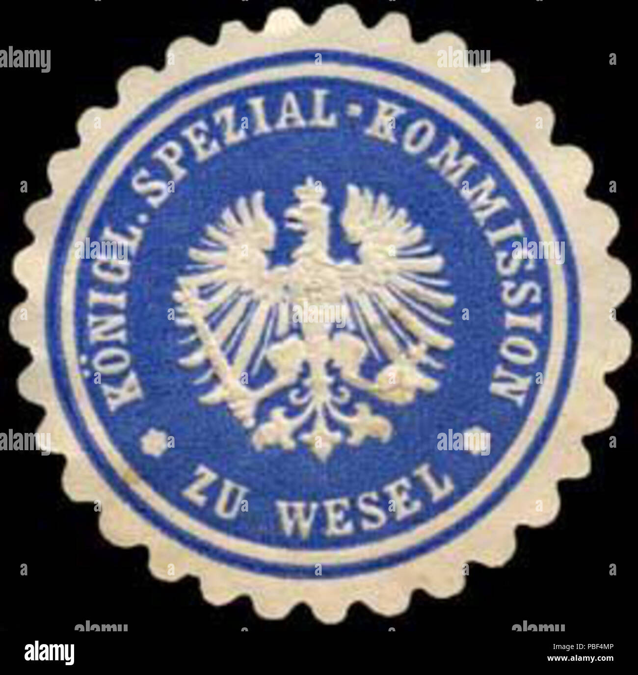 Alte Briefverschlussmarke aus Papier, welche seit ca. 1850 von Behoerden, Anwaelten, Notaren und Firmen zum Verschliessen der Post verwendet wurde. 1470 Siegelmarke Königliche Spezial-Kommission zu Wesel W 0245493 Stockfoto