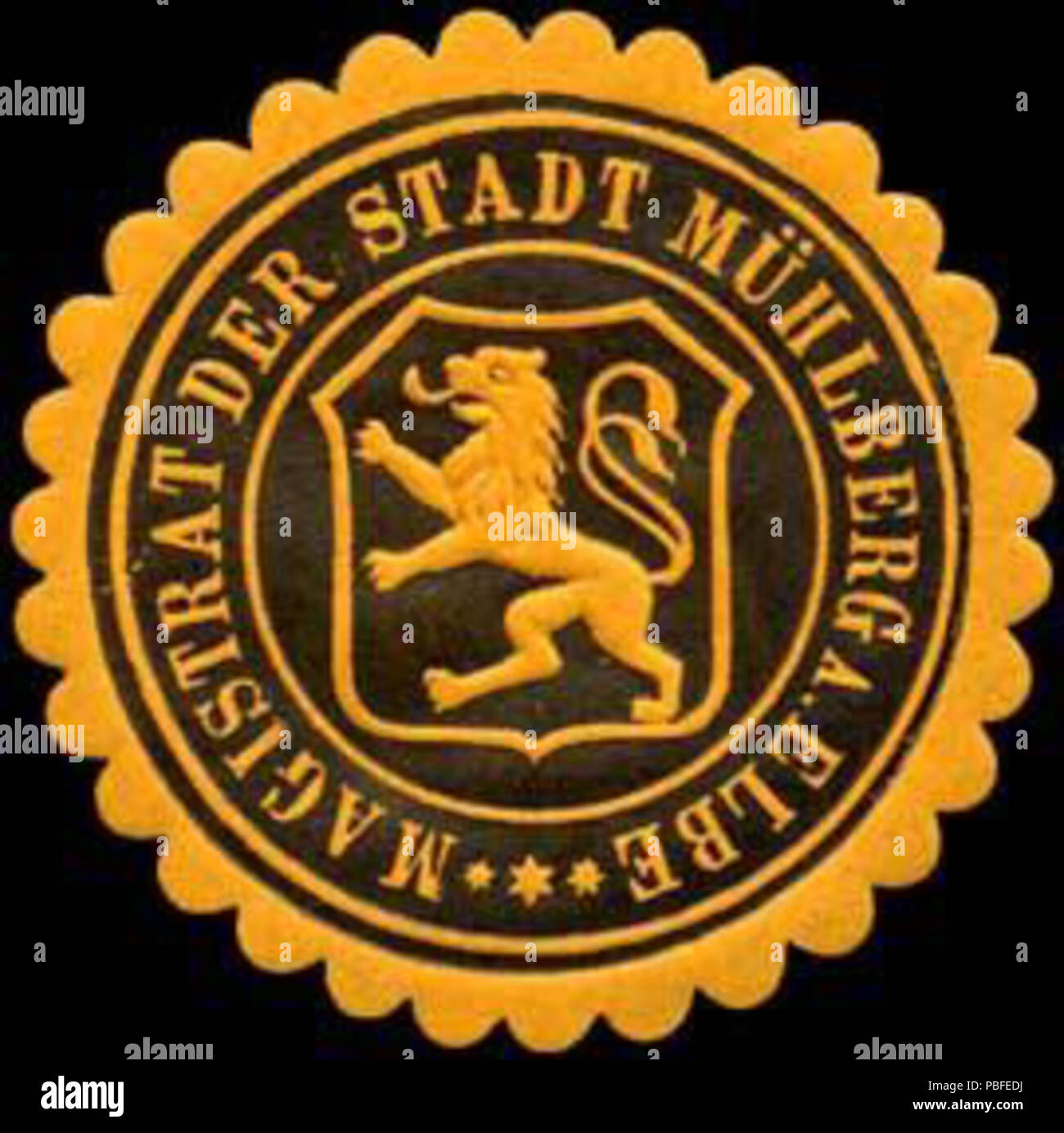 Alte Briefverschlussmarke aus Papier, welche seit ca. 1850 von Behoerden, Anwaelten, Notaren und Firmen zum Verschliessen der Post verwendet wurde. 1483 Siegelmarke Magistrat der Stadt Mühlberg an der Elbe W 0237908 Stockfoto