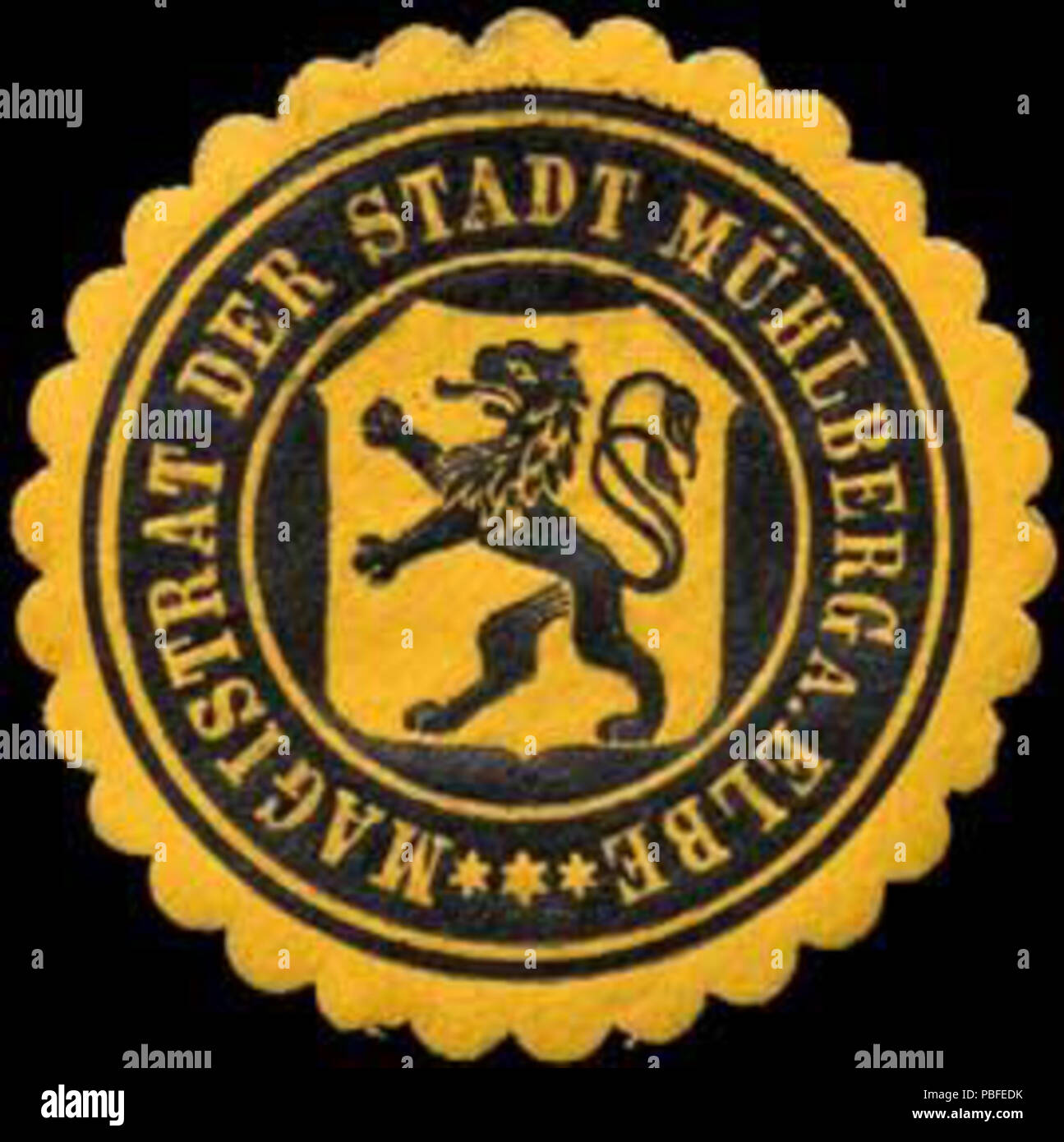 Alte Briefverschlussmarke aus Papier, welche seit ca. 1850 von Behoerden, Anwaelten, Notaren und Firmen zum Verschliessen der Post verwendet wurde. 1483 Siegelmarke Magistrat der Stadt Mühlberg an der Elbe W 0260906 Stockfoto