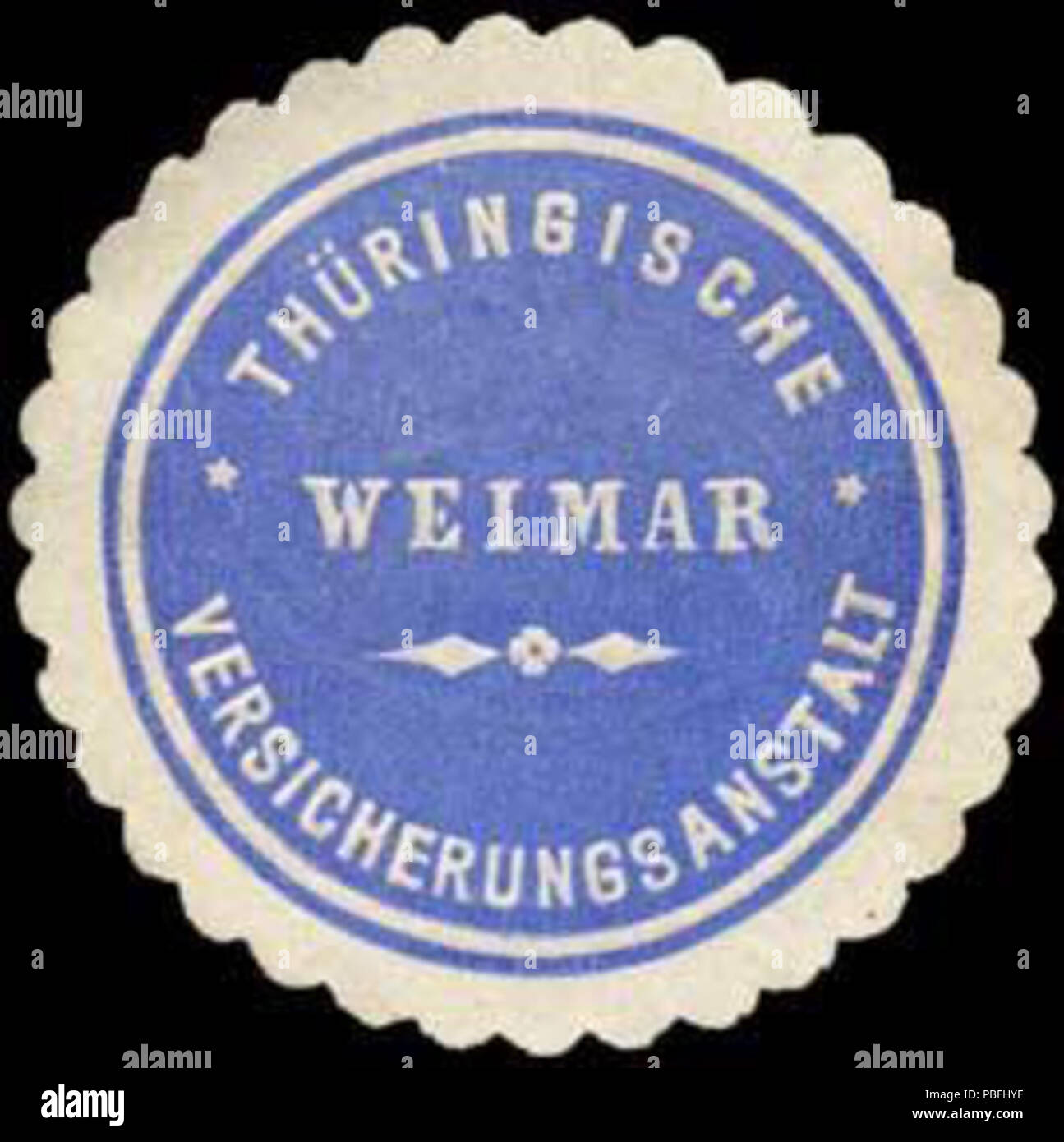 Alte Briefverschlussmarke aus Papier, welche seit ca. 1850 von Behoerden, Anwaelten, Notaren und Firmen zum Verschliessen der Post verwendet wurde. 1532 Siegelmarke Thüringische Versicherungsanstalt - Weimar W 0255754 Stockfoto