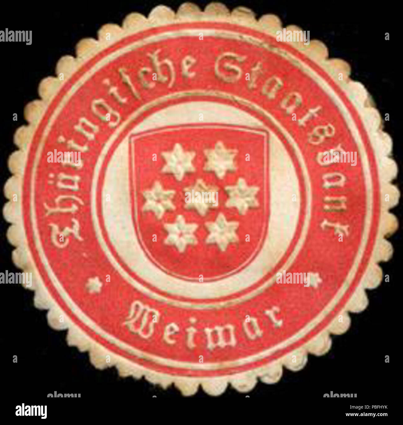 Alte Briefverschlussmarke aus Papier, welche seit ca. 1850 von Behoerden, Anwaelten, Notaren und Firmen zum Verschliessen der Post verwendet wurde. 1532 Siegelmarke Thüringische Staatsbank Weimar W 0211485 Stockfoto