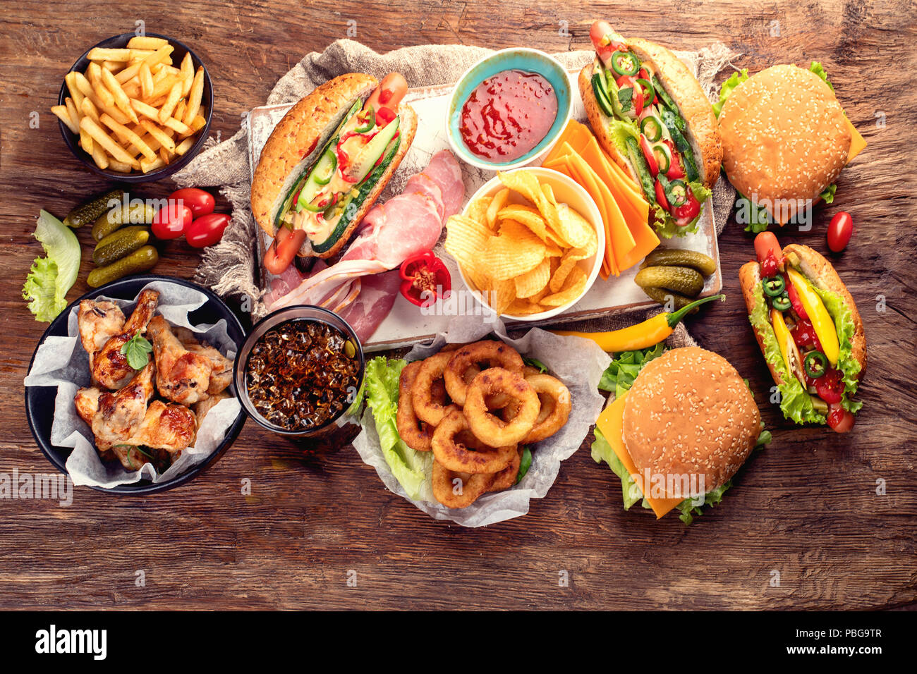 Amerikanisches Essen. Fast food. Ansicht von oben Stockfoto